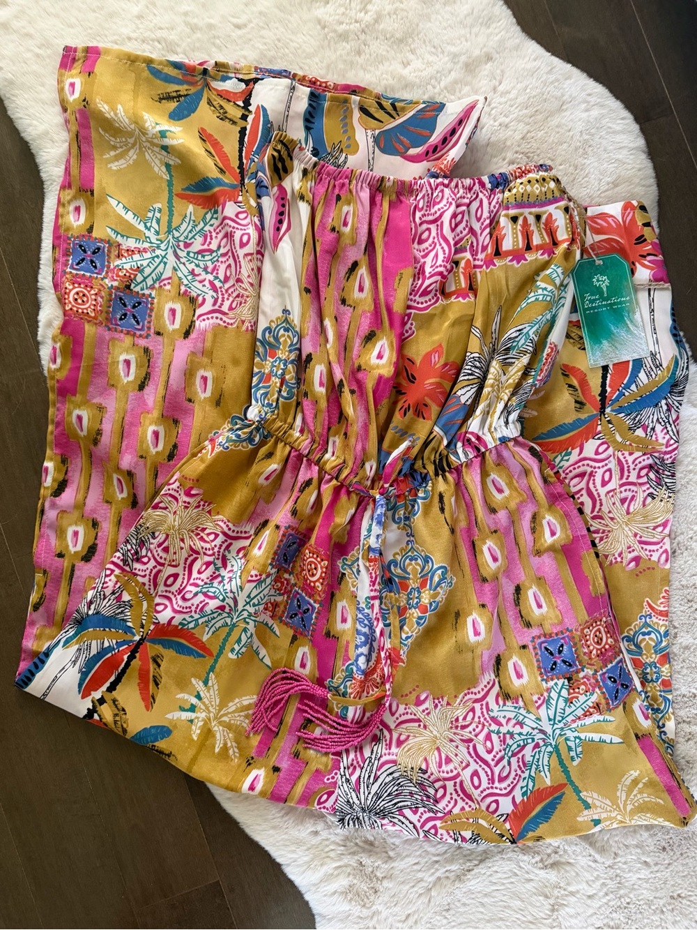 True Destinations Pink Mustard Tropical Wide Leg Jumpsuit Size S